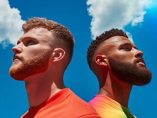 Two young men looking up on a bright sunny day against the blue sky