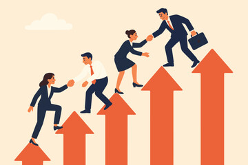 Teamwork leadership success concept. Business people helping each other climb upward arrows. Support, mentoring, cooperation, partnership, career growth, achievement. Vector illustration