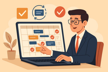 Businessman Managing Project Schedule on Laptop Calendar, Task Planning, Time Management, Productivity Workflow, Office Organization, Deadline Tracking, Vector Illustration