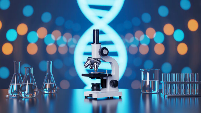 A scientific laboratory scene with a white microscope in the center, positioned on a reflective dark surface.