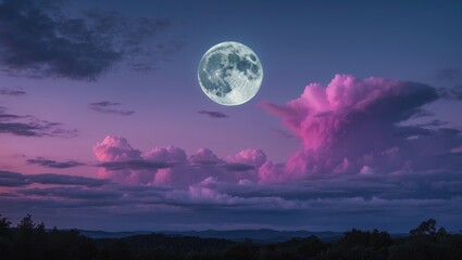 Full moon over the landscape with pink and purple clouds during dusk. Nature scene and celestial body. The moon and clouds at night.