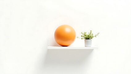 Orange Sphere and Plant on White Shelf Minimalist Still Life