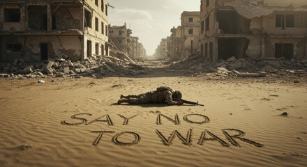 War torn landscape say no to war