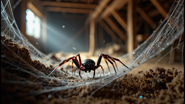 A black widow spider is captured weaving intricate silk strands in an old, dusty attic. Sunlight streams through the gaps, highlighting the web's fine details and the spider's glossy body