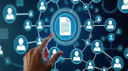 Person pointing at a document icon on a digital interface with blue and white elements, surrounded modern futuristic hi-tech business financial interface. - Powered by Adobe