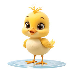 Cute Yellow Chick With Big Eyes And Tuft Of Hair Stands On Blue Puddle, Conveying Cheerful And Playful Mood..eps