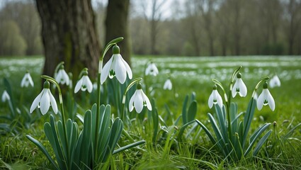 Snowdrops blooming in a forest clearing with trees in the background, early spring, natural environment, botanical, seasonal flora.