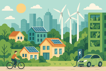 Sustainable Urban Cityscape with Solar Panels, Wind Turbines, Electric Car Charging, Green Buildings, Eco-Friendly Transportation, Renewable Energy, Modern Environmental Conservation Concept Vector