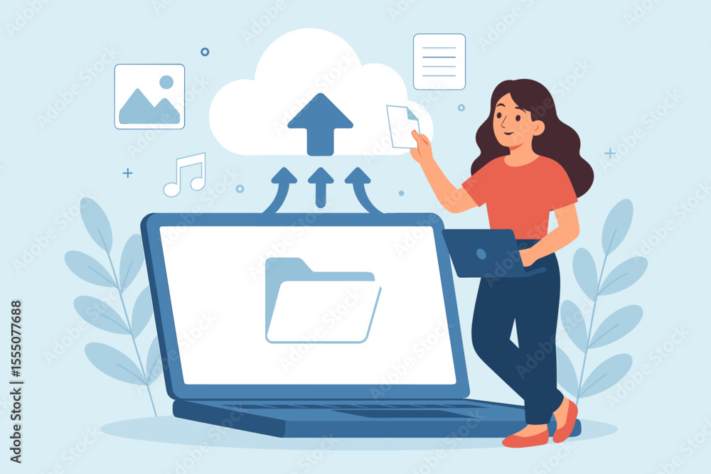 Aufkleber cloud storage data transfer concept. woman uploading files to cloud server using laptop. seamless fi
