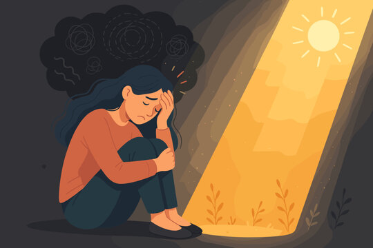 Woman sitting in darkness with anxiety and depression, seeking hope and light, mental health struggle, psychological healing, overcoming sadness, therapy, emotional support vector illustration - Powered by Adobe