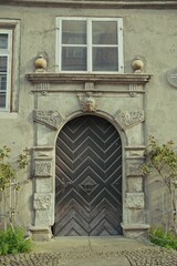 Historic wooden door with chevron pattern and ornate stone frame featuring carved lion and floral...