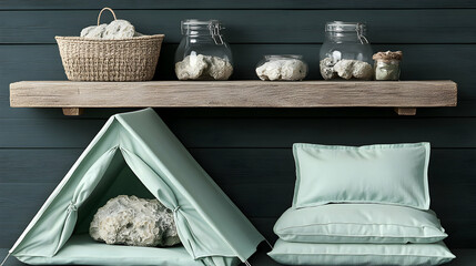 Serene interior arrangement featuring a children's tent and minimalist decor elements