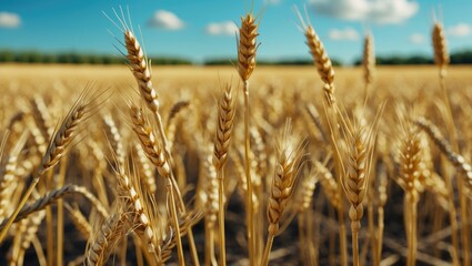 Fototapeta premium Golden wheat field with ripe stalks ready for harvest under a blue sky.