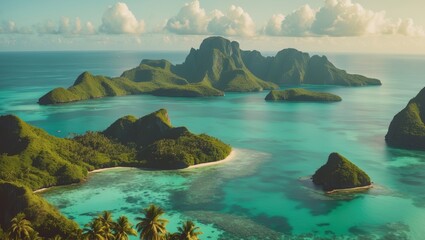 Tropical island landscape with lush green hills and turquoise waters, showcasing islands and coastal scenery. Nature and travel concept. Scenic and serene environment.
