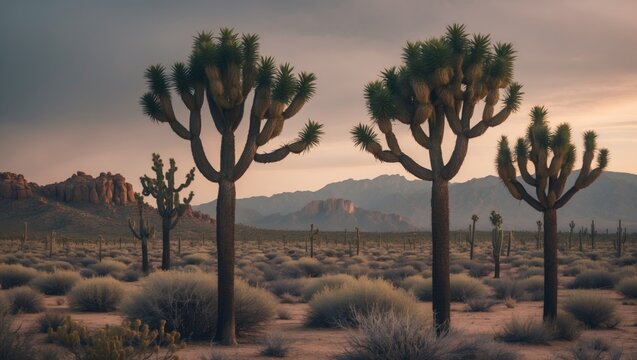 Desert landscape with Joshua trees and mountains during sunset