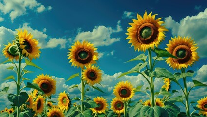 Sunflower field under blue sky with clouds, vibrant yellow flowers, and green leaves.