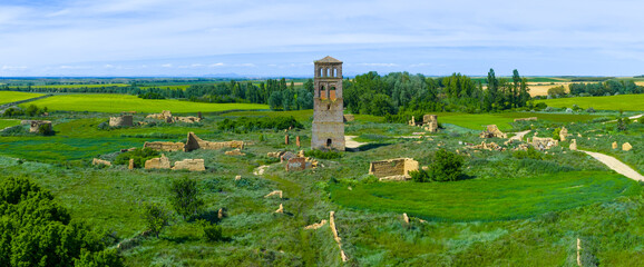 Aerial view from a drone of the deserted village of Villacreces. Municipality of Santervás de...