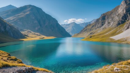 Fototapeta premium Scenic mountain landscape with a turquoise lake surrounded by mountains and blue sky. Nature and outdoor scenery. The landscape of mountains and water.