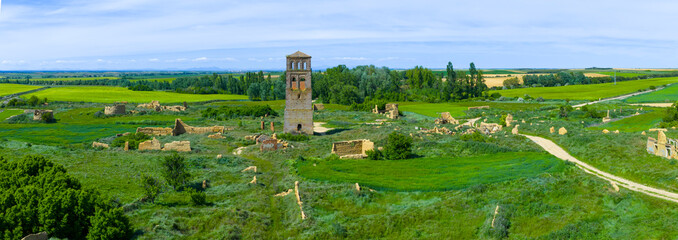 Aerial view from a drone of the deserted village of Villacreces. Municipality of Santervás de...