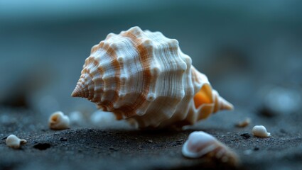 A seashell on the sand with small shells, close-up. Coastal and ocean scenery, travel and nature photography. The beauty of shells and marine life.