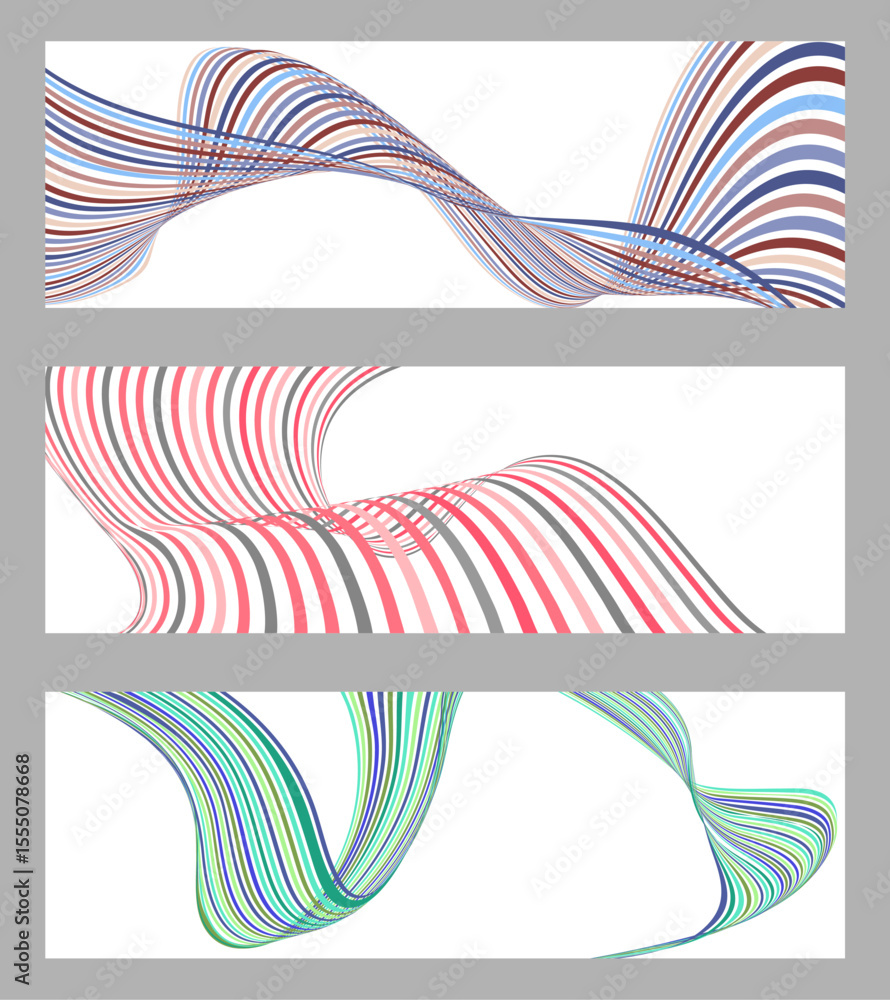 Poster wavy lines or ribbons. set of 3 backgrounds. multicolored striped gradient. creative unusual backgro