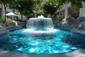 Beautiful waterfall cascading into shimmering blue pool in a lush tropical setting