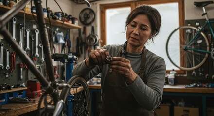 Female mechanic repairing a bicycle in a well-equipped workshop with tools and parts around