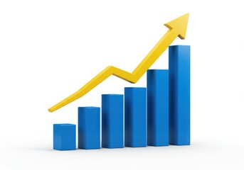 Blue bar graph with a yellow upward arrow indicating growth