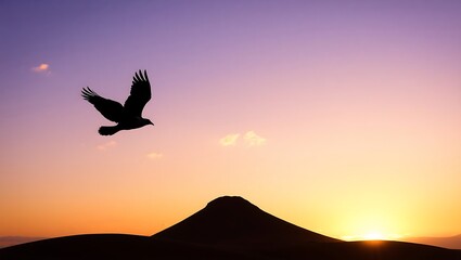 Silhouette of Bird Flying Over a Blue and Purple Hill at Sunset