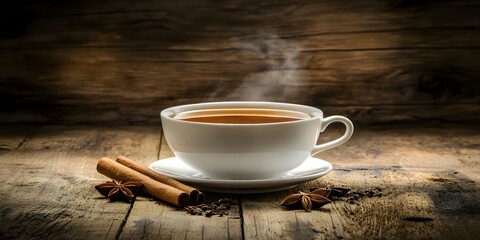A steaming cup of tea with cinnamon sticks and star anise on a rustic wooden surface in warm lighting