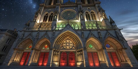 Magnificent Notre Dame Cathedral shines under the stars, its gothic architecture a testament to history and faith, an enduring landmark.