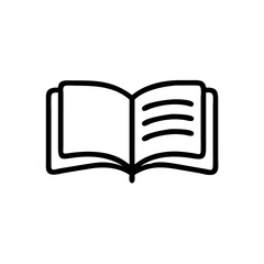 Black and White Open Book Icon – Minimalist Outline Vector Symbol of Reading, Education, Literature, or Knowledge for Use in Digital Media, Educational Platforms, and Print Designs
