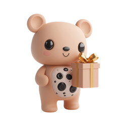 Naklejka premium Cute bear character holding gift box with golden ribbon, adorable smiling face and round eyes, soft pastel color, 3D render with playful and joyful expression