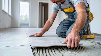 A skilled worker methodically installs ceramic floor tiles in a modern home, carefully aligning each piece to ensure a seamless, professional finish in the bright, clean interior.
