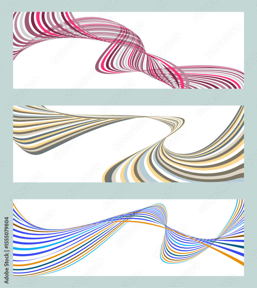Poster wavy lines or ribbons. set of 3 backgrounds. multicolored striped gradient. creative unusual backgro