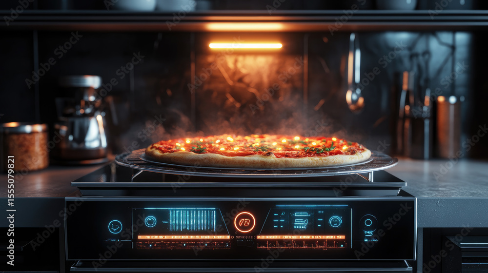 Aufkleber cutting-edge ai-controlled pizza oven with futuristic design and glowing digital interface in a high