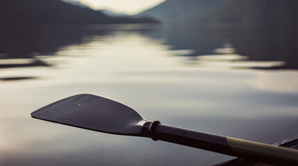 Rowing at a lake. Droplets breaking the surface of the water