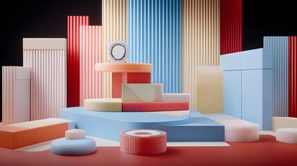 Colorful geometric shapes and objects arranged on a platform in a studio setting display scene