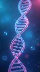 Hyper-detailed digital illustration showing a DNA double helix unraveling, glowing vibrantly with neon cyan and pink, against a soft, dark, abstract gradient background, evoking scientific wonder.