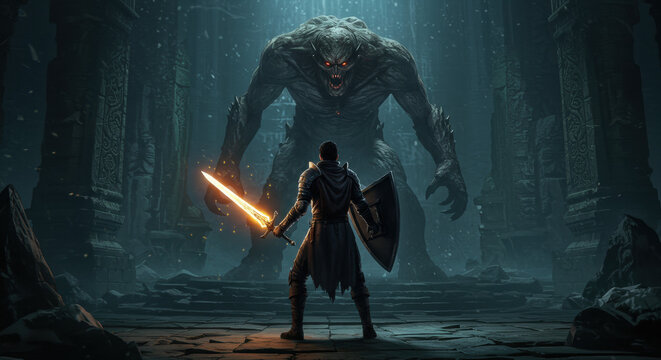 Warrior versus monster fantasy scene