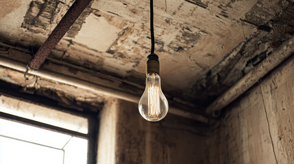Fluorescent light in the dark a lamp on a wire hangs from a dirty, moldy ceiling