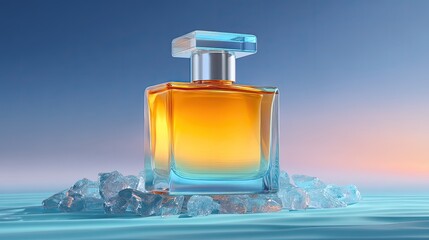 Amber Glass Perfume Bottle on Ice Cubes, Blue Gradient Background