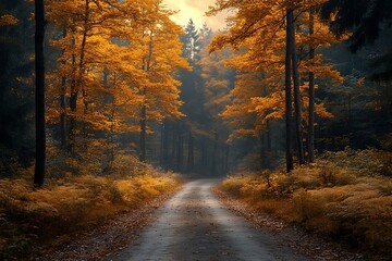 Fototapeta premium Forest Road Lined with Golden Trees and Foliage in Autumnal Landscape Scene fall