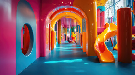 a vibrant and colorful indoor playground featuring exciting slides,climbing structures,interactive play areas,designed for children fun and adventure family-friendly shopping center,banner,copy space