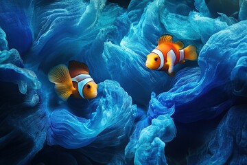 Two clownfish swim among blue anemones on the bottom of coral reefs,