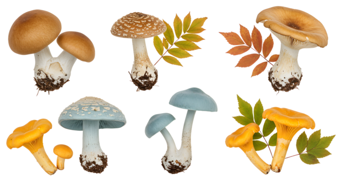 A vibrant collection of various mushrooms arranged artistically with colorful autumn leaves on a white background