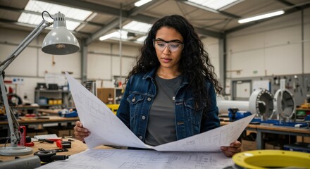 Young engineer reviewing blueprints in a workshop filled with tools and machinery, focused on design