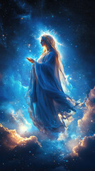 Portrait of Our Lady of Grace, Virgin Mary surrounded by a radiant blue sky and glowing light, symbolizing the Assumption, purity, heavenly grace, and divine spiritual presence with copy space