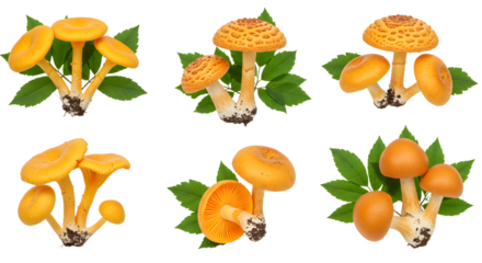 A vibrant collection of various yellow mushrooms surrounded by green leaves, showcasing their unique shapes and textures