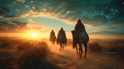 Three Wise Men riding camels through desert at sunrise, following the Star of Bethlehem, symbolizing journey of faith, hope, and ancient tradition of Christmas nativity story
